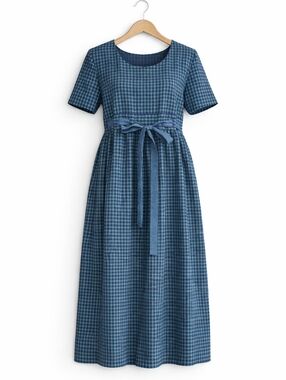 Vintage Miss Dorby Navy Green Gingham Check Empire Waist Midi Farmhouse Dress